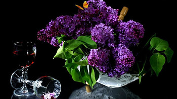Still Life, purple, leaves, butterfly, green, lilacs, glasses, flowers, wine HD wallpaper