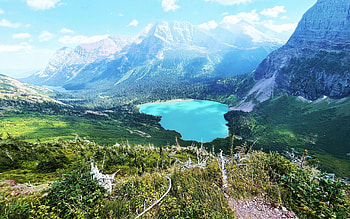 Grinnell Lake in Glacier National Park, clouds, trees, sky, forest, mountains, usa HD wallpaper