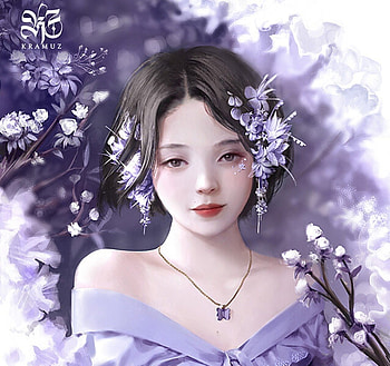 Areli, asian, norman bunyi areli, art, fantasy, flower, face, girl, pendant, jewel, purple HD wallpaper
