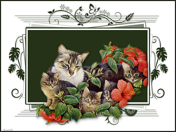 cats on green, family, green, mama cat, cat, kittens HD wallpaper