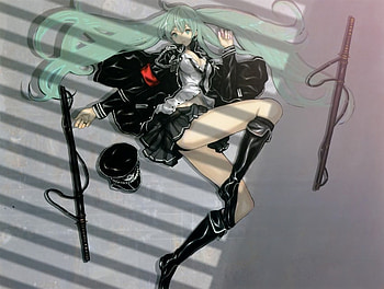 Hatsune Miku, anime, green hair, black jacket, vocaloid, boots HD wallpaper