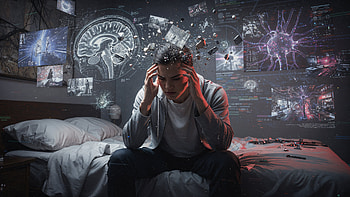 Fractured Focus — Frustrated, Man, Brain, Hologram, Bed, Technology HD wallpaper
