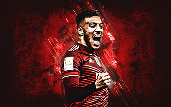 Corentin Tolisso, FC Bayern Munich, French football player, Bundesliga, Germany, red stone background, football HD wallpaper