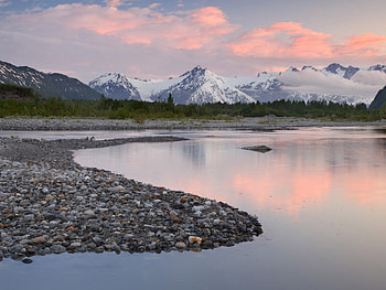 Snow, River, Mountain, Mountains, Alaska, , Alsek River, Sunset HD wallpaper