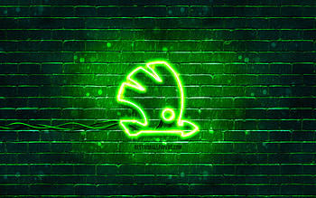 Skoda green logo, , green brickwall, Skoda logo, cars brands, Skoda neon logo, Skoda HD wallpaper