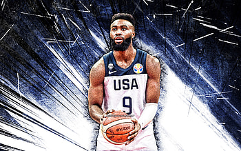 Jaylen Brown, grunge art, USA Basketball Mens National Team, Jaylen Marselles Brown, basketball, US mens national basketball team, blue abstract rays, Jaylen Brown HD wallpaper