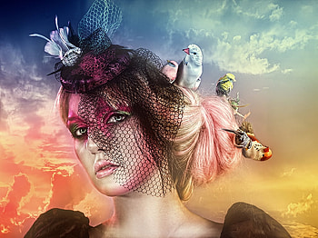 Birds, black, model, bird, veil, pasare, rebeca saray, girl, woman, pink, rebecasaray, fantasy, face, luminos, hat HD wallpaper