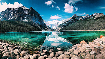 Lake Louise, Alberta, clouds, sky, mountains, water, canada, reflections, banff np, stones HD wallpaper