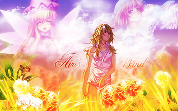 Air's Wind, cute, long hair, dress, abstract, butterfly, wing, flower, blonde hair, cloud, female, sexy, wings, hot, girl, anime girl, anime, fantasy, sky HD wallpaper
