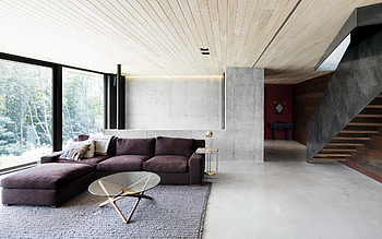 living room in loft style, country house, concrete staircase in the house, stylish interior design, living room, modern interior design HD wallpaper
