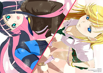 panty and stocking, pink, blue eyes, blush, black hair, long hair, green eyes, yelow hair HD wallpaper