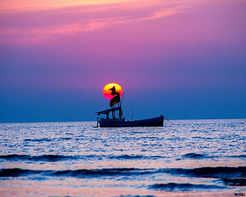 Purple Sunset Over Sea, sea, purple, waves, nature, sailboat, sunset HD wallpaper