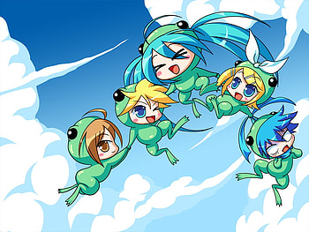 Fly Froggies Fly!, hatsune miku, meiko, kaito, vocaloid, chibi, frogs, twintails, kagamine rin, kagamine len HD wallpaper