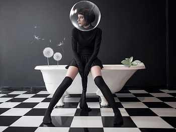 Black and white, bathroom, girl, bubble, masonic HD wallpaper
