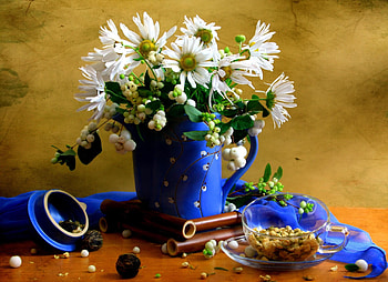 Flowers, Camomile, Cup, Bouquet, Jug, Tea, Scarf HD wallpaper
