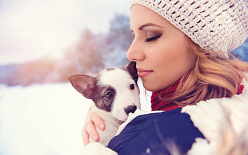 Girl and puppy, blue, dog, winter, animal, white, girl, woman, puppy, hat HD wallpaper