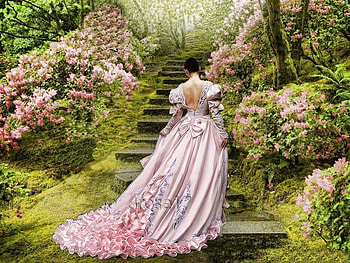 Walking in the park, fresh, walk, vegetation, woman, park, beautiful dress, freshness, stair, trees, nature, coloured flowers HD wallpaper
