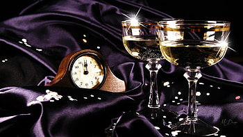 New Year Toast, champagne, New Year, crystal, stars, purple satin, time, sparkle, glasses, celebrate, clock HD wallpaper