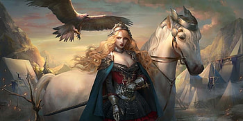 Sunset, frumusete, horse, bird, hawk, hoang lap solan, girl, cal, fantasy, hoanglapsolan, luminos, pasari HD wallpaper