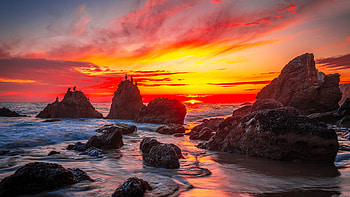 Sea rocks at sunset, sea, waves, birds, reflection, beautiful, rocks, fiery, sunset, sky HD wallpaper