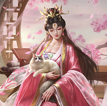 Goddess, pink, zhu hualu, frumusete, fantasy, pisici, gorgeous, cat, girl, superb HD wallpaper