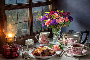 Still life, Roses, Cake, Kerosene lamp, Milk, Cup HD wallpaper