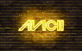 Avicii yellow logo, , superstars, swedish DJs, yellow brickwall, Avicii logo, Tim Bergling, Avicii, music stars, Avicii neon logo HD wallpaper