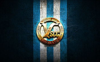 YSCC Yokohama FC, golden logo, J3 League, blue metal background, football, japanese football club, YSCC Yokohama logo, YSCC Yokohama HD wallpaper