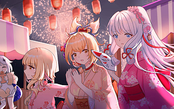 Yoimiya, Kamisato Ayaka, Lumine, Paimon, manga, Genshin Impact, artwork, Genshin Impact chacters HD wallpaper