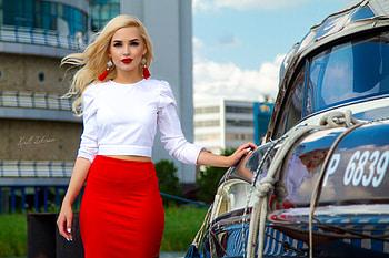 Beauty, model, white, blonde, red, car, girl, kirill zakirov, woman, earrings HD wallpaper