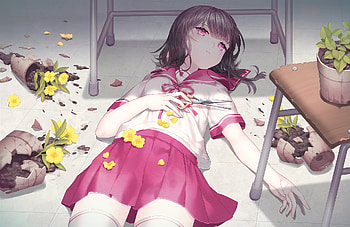 Broken, anime girl, scissors, flower pots, anime, flowers HD wallpaper