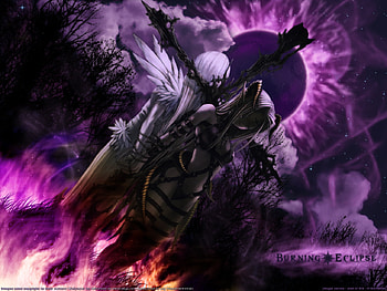 Buring eclipse, night, gothic, wings, horns, moon, purple light, fire HD wallpaper