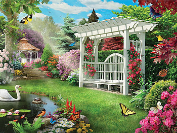 Gardens Galore, artwork, butterflies, bench, birds, digital, trees, gazebo, flowers HD wallpaper