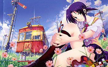 anime, sky, flowers, girl, train, long hair, dress HD wallpaper