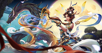 Fantasy girl, blue, zhang yang, fantasy, moon, yellow, luna, dragon, girl HD wallpaper