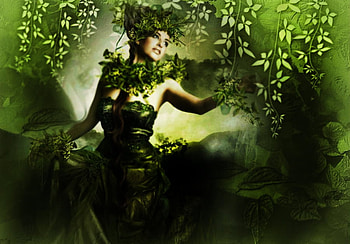 In green, leaves, fantasy, green, woman HD wallpaper