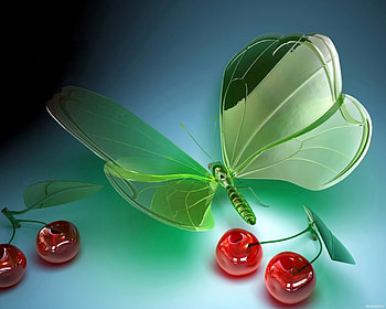 ღ.Beautiful Butterfly n Cherries.ღ, sweet, glass cherries, cherries, ornaments, cute, colors, beauty, beautiful butterfly n cherries, pretty, green, red, decorations, cool, glass, lovely, chic HD wallpaper