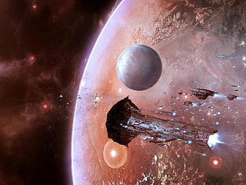 planetary exodus, starships, nebula, planet, moon, stars HD wallpaper