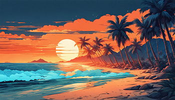 Tropical Paradise Sunset, palm, tree, golden, tropical, sunset, artist, artwork, art, digital-art, ai, deviantart HD wallpaper