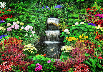 Flower garden waterfall, leaves, coy, garden, colors, waterfall, flowers, pond HD wallpaper