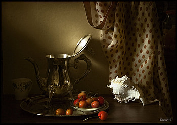 still life, art , iron teacup, fruits, cup, seashell, nice HD wallpaper