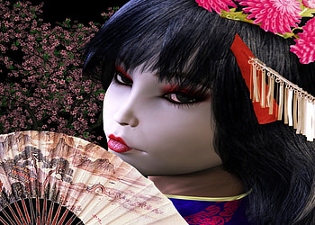 The Geisha, fantasy, pale, geisha, girl, fan, beauty HD wallpaper
