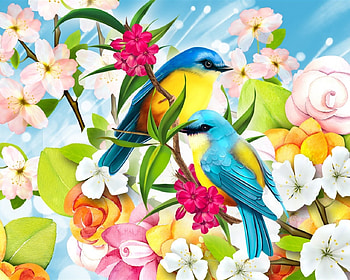 Birds & flowers art, birds, flowers, spring, art HD wallpaper