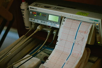 Close-up of an ECG machine displaying heart rate results in a hospital setting. HD wallpaper