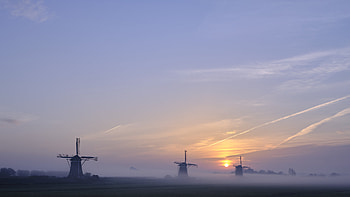 Landscape, Nature, Sunset, Twilight, Fog, Dusk, Windmills, Wind Turbines HD wallpaper