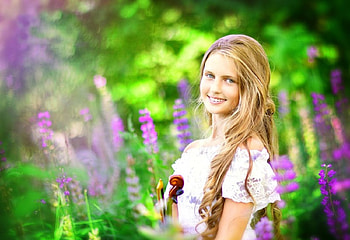 Beauty, bokeh, smile, face, flowers, girl, splendor, violin HD wallpaper