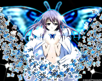 Linvation, blue, black, cute, 3d, abstract, butterfly, wing, female, sexy, wings, hot, girl, dark, anime girl, anime, fantasy, cd, virtual, realistic HD wallpaper