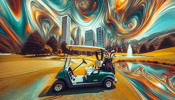 Surreal Golf Cart Adventure, golf cart, golf, cityscape, surreal, landscape HD wallpaper
