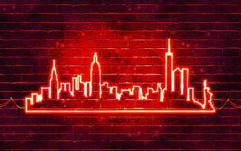 New York red neon silhouette, , red neon lights, New York skyline silhouette, red brickwall, american cities, neon skyline silhouettes, USA, New York silhouette, New York, NYC HD wallpaper