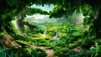 Enchanted forest landscape with waterfall, forest, waterfall, greenery HD wallpaper